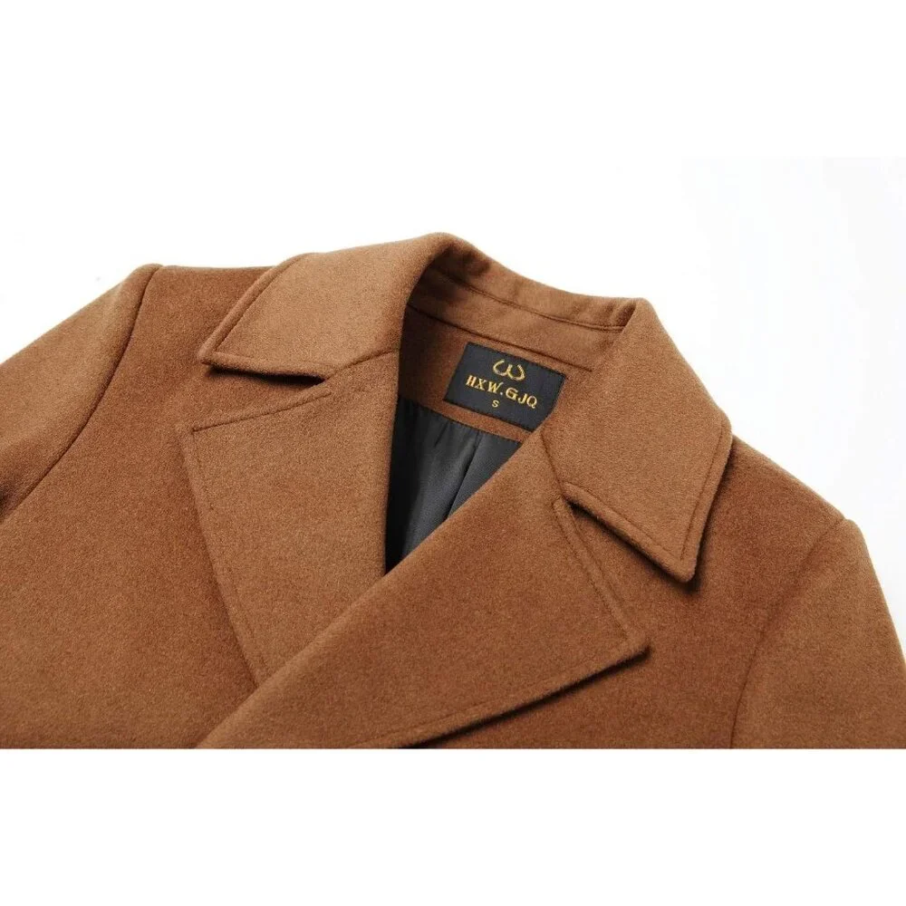Men's Camel Premium Wool Blend Double Breasted Imported Long Pea Coat